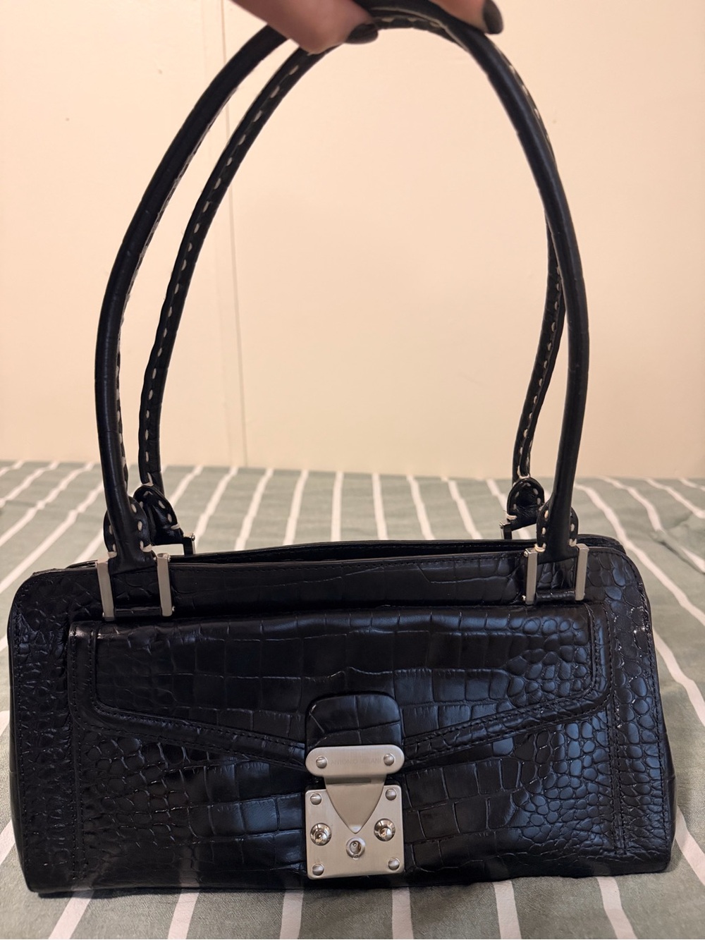 ANTONIO MELANI Black Croc-Embossed Shoulder Bag with Silver Hardware